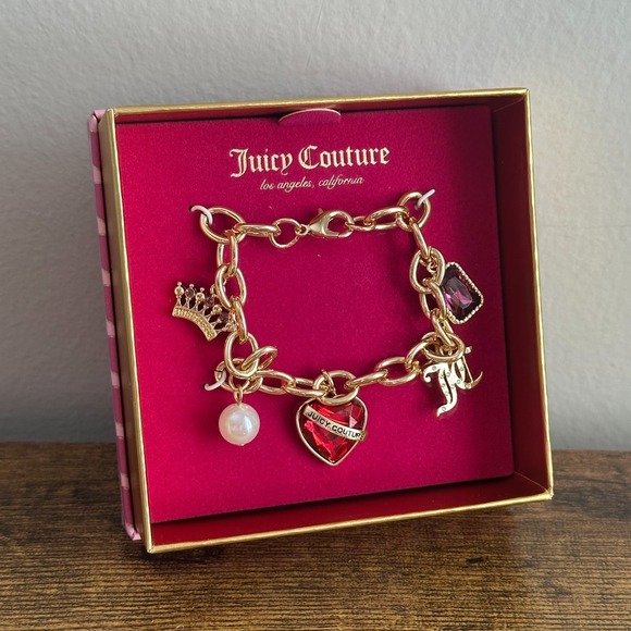 Juicy Couture Jewelry - New Juicy Couture Gold Color Charm Bracelet Heart Purple Red Crown JC Jewelry